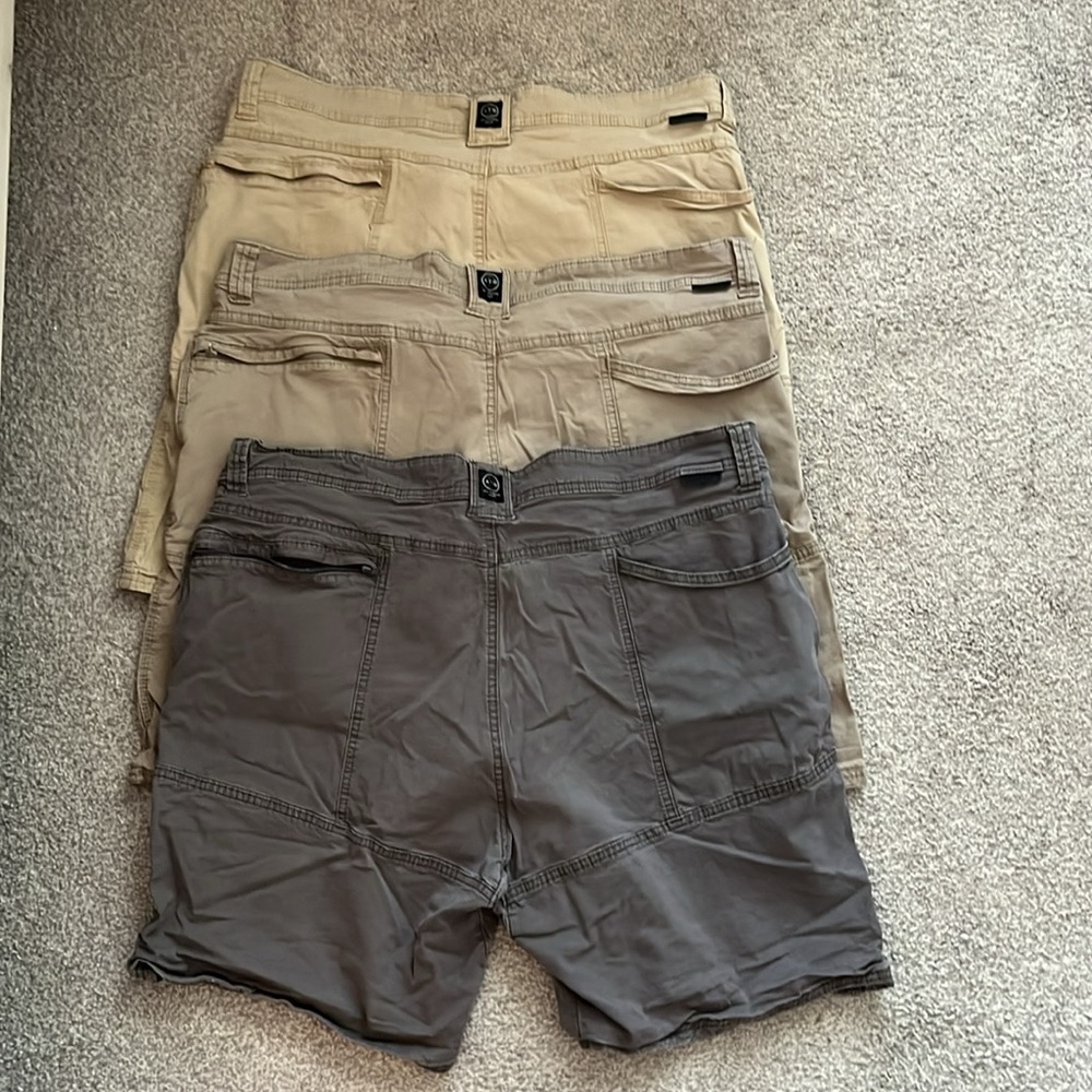 Men’s ATG Wrangler Shorts. Size 40. Dark Gray, Dark Khaki, and Light Khaki.
